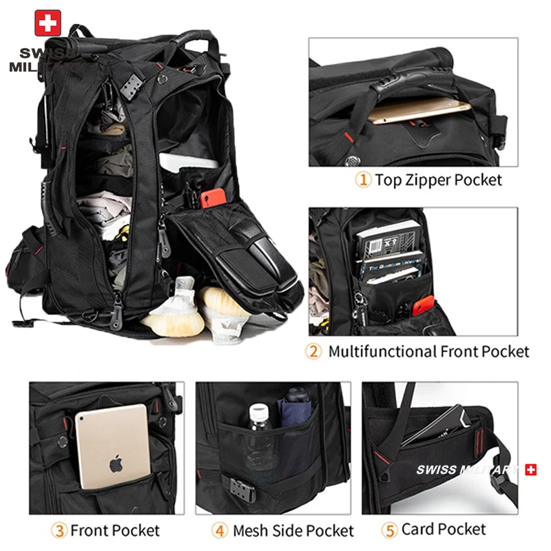 Imagem -04 - Suíça Militar-mochila de Viagem Durável para Homens Mochila Durável Bolsa Multifuncional para Laptop Montanhismo ao ar Livre e Bagagem de Fitness