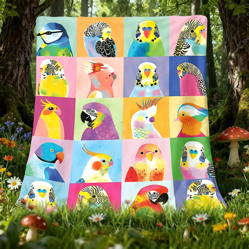 Cute Anime Parrot Cozy Throw Blanket, Modern Bird Art Couch Bed Warm Wrap for Nap, All Season Birthday Christmas Gift