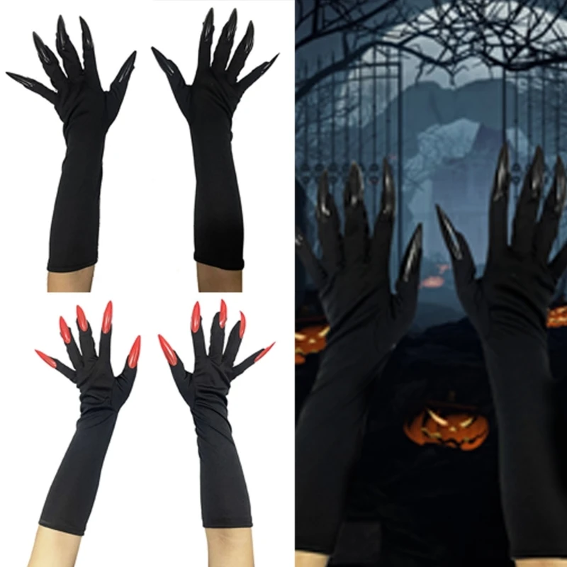 Adult Teens Gothic Halloween Glove Cosplay Mittens Full Finger Glove Spooky Long Fingernail Shape Mittens Carnival Party Glove