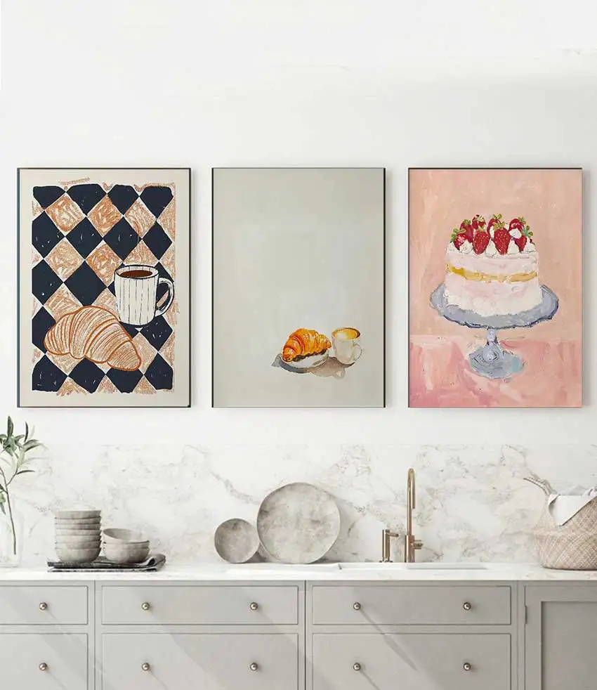 coffee canvas painting art, strawberry cake oyster spaghetti print, home kitchen coffee shop decor Italian-style elegant dessert