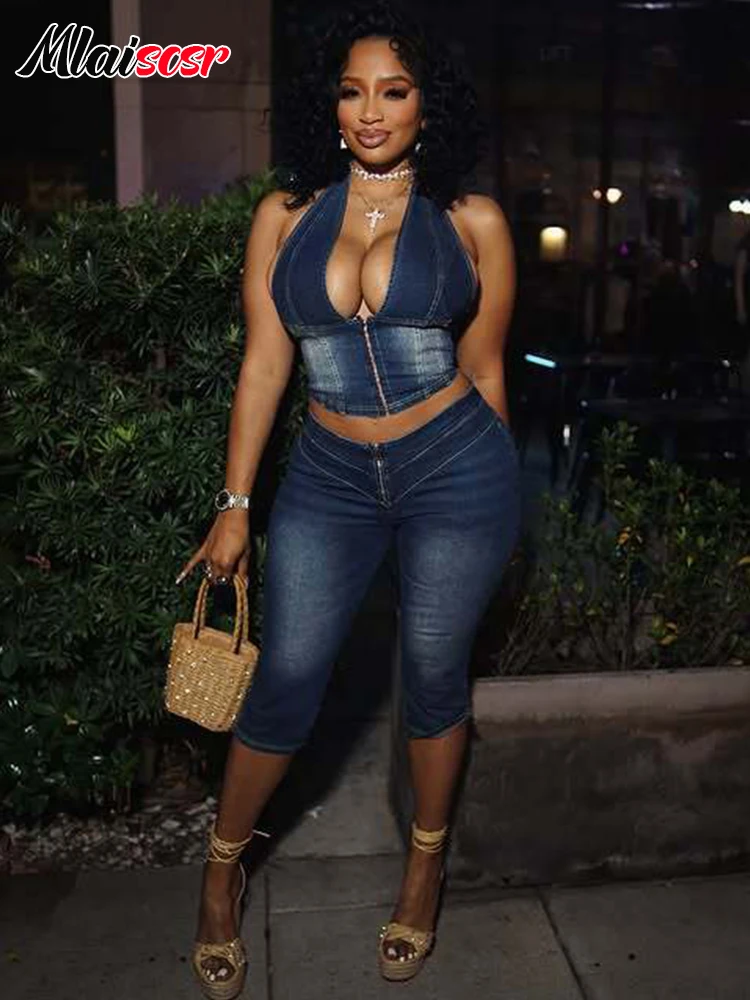 

Mlaiscsr 2 Piece Pants Sets Women Summer Clothes Denim Halter Vest Top and Calf Length Pant Shorts Sets Streetwear Outfit y2k