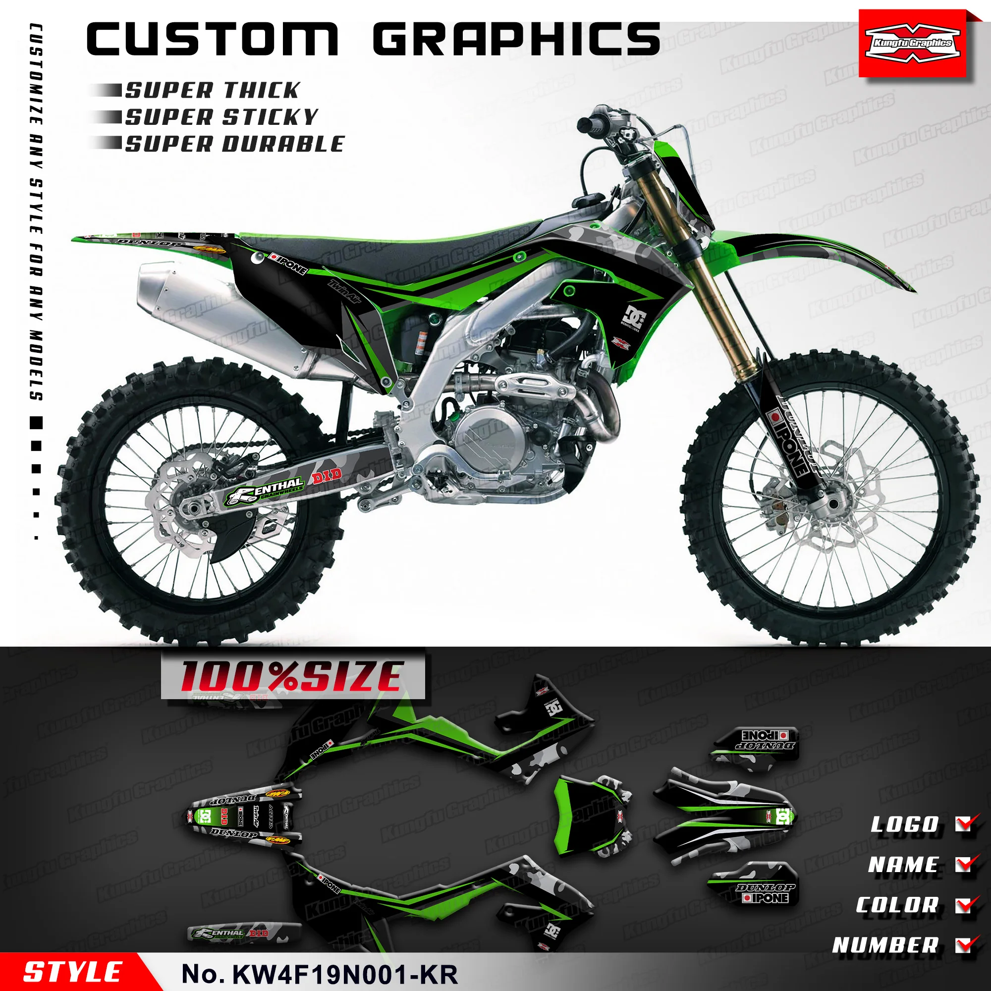 

KUNGFU GRAPHICS Adhesive Sticker Wrap Design for Kawasaki KX450F KX250F KXF450 KX250X 2019 2020 2021 2022 2023, KW4F19N001-KR