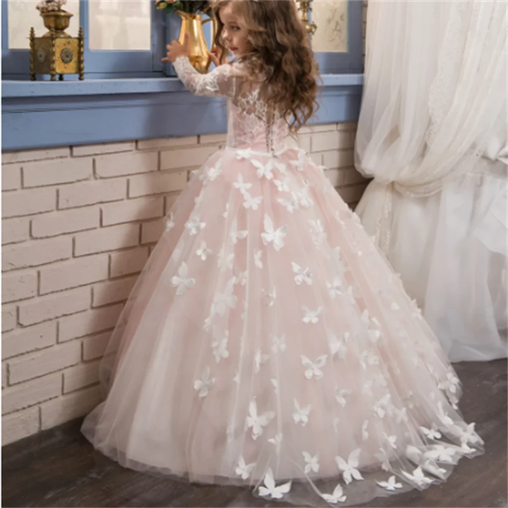 Stylish White Flower Girls Dress for Wedding Party Butterfly Baptism Gowns Tulle Full Sleeve Appliques Kid Holy Communion Gown