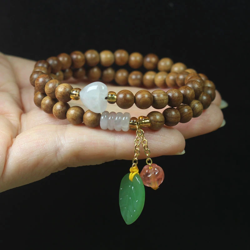 

Australian Sandalwood 6mm Double-Layer Bracelet with Flower and Green Leaf Pendant, Forest Style Women's Buddhist Prayer Beads