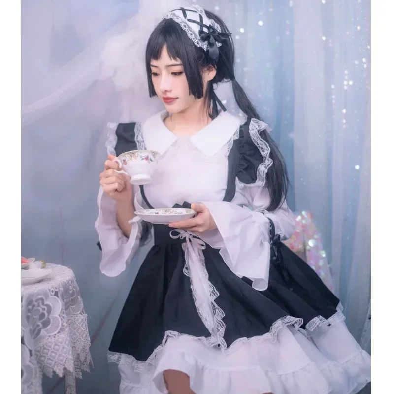 Preto e branco lolita vestido gótico empregada roupa avental vestido anime cosplay traje feminino vestidos longos trajes de halloween