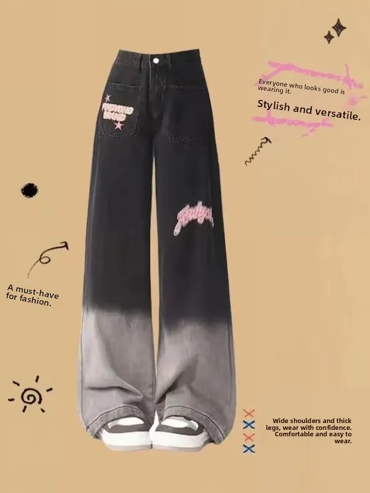 

Retro American adient Color Stitching Women's Jeans Loose Straight Leg Long Trousers Bla Embroidery Autumn Faion