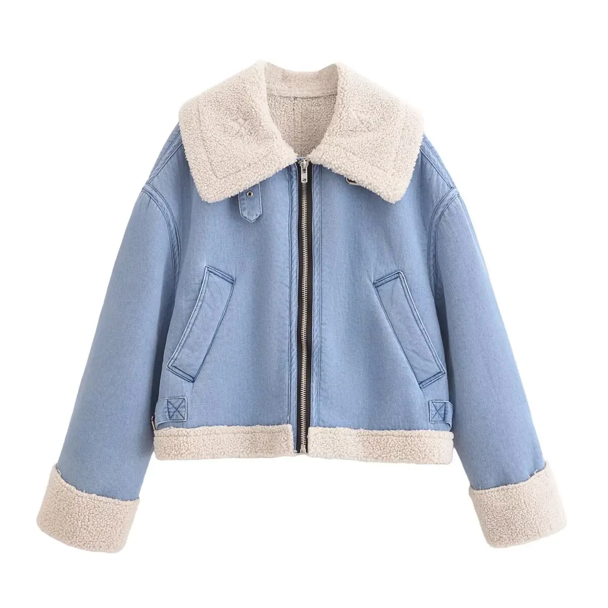 

WMXZ Новая осенне-зимняя винтажная модная куртка из выцветшего синего денима с отложным воротником и отделкой из овечьей шерсти, женское теплое короткое пальто