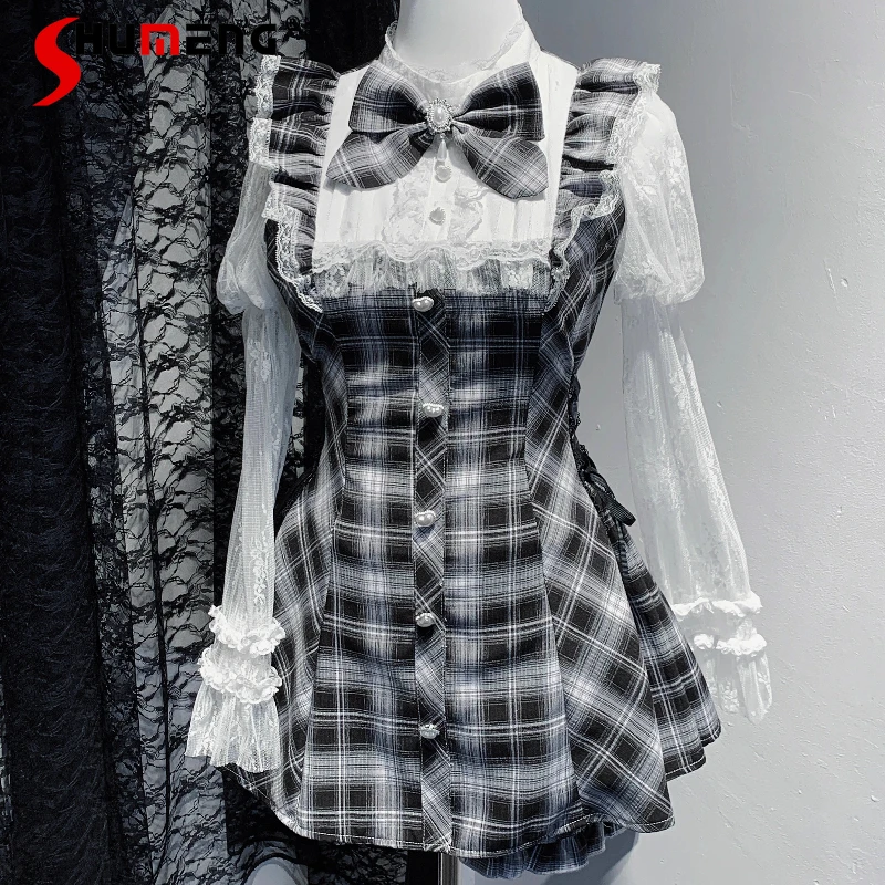 

Long Sleeves Slim Fit Single-Breasted Bowknot Top Short Dress And Shorts 2-Piece Set Japanese Lolita Sweet Cute Outfits Ladies