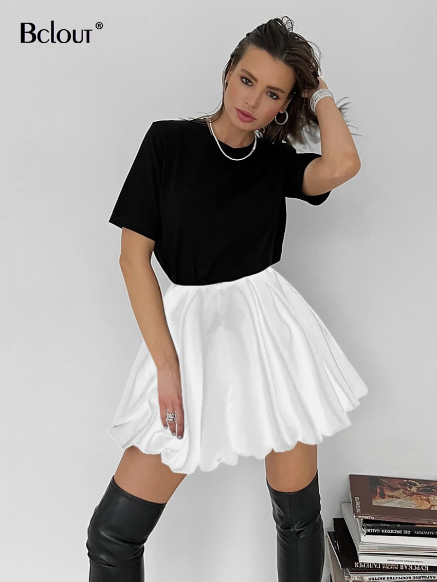 

Bclout Fashion White Loose Mini Skirts Women 2023 Summer Black A-Line Office Lady Sexy Skirts Elegant Satin Party Pleated Skirts