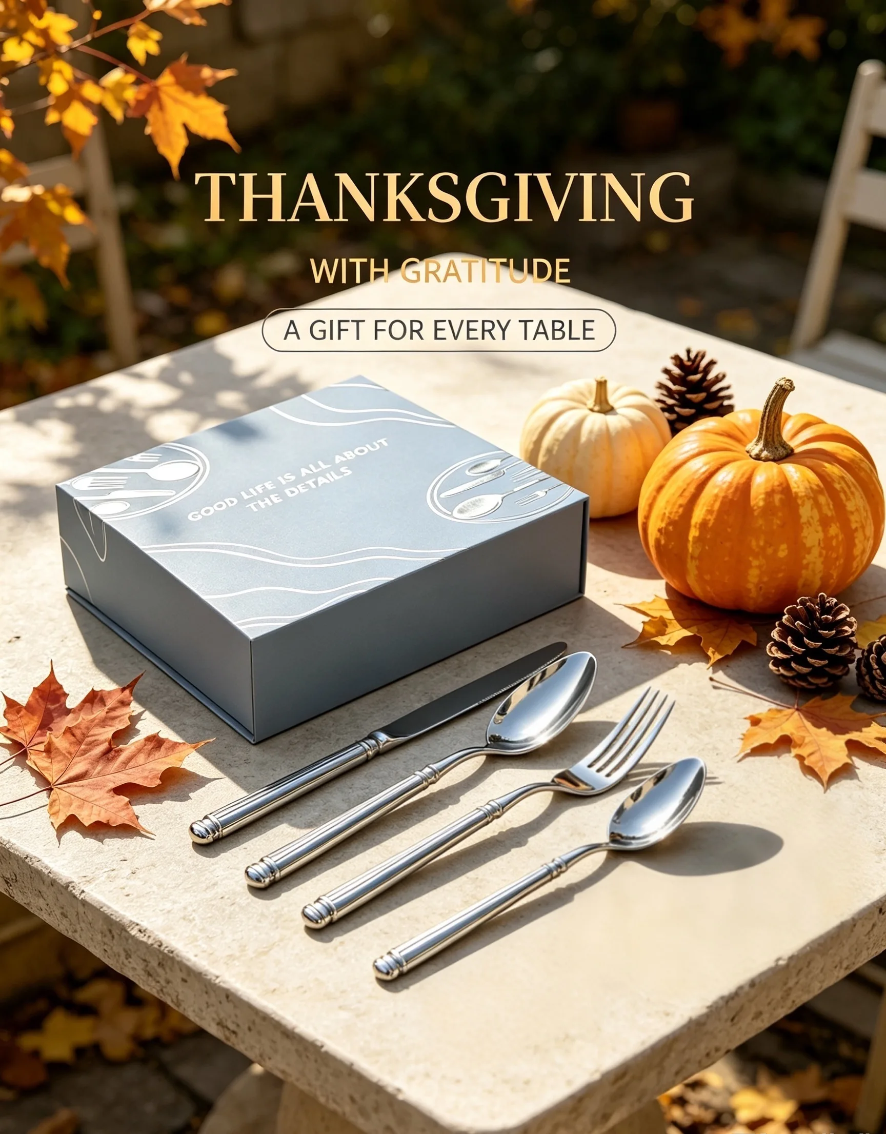 Vertical Grain 420/304 Stainless Steel 4‑Pcs Cutlery Set, Thanksgiving Gift Box, Heavy‑Duty Rust‑Resistant Dining Flatware