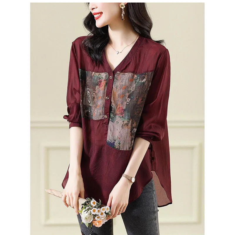 Fashion V-Neck Printed Spliced Diamonds Blouses Women\'s Clothing 2023 Autumn Winter Oversized Commuter Tops Asymmetrical Shirts