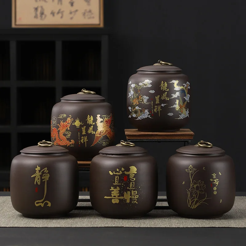 

Black Purple Sand Tea Jar Ceramic Sealed Candy Jar Round Ceramic Multifunctional Nut Coffee Bean Medicinal Material Storage Box