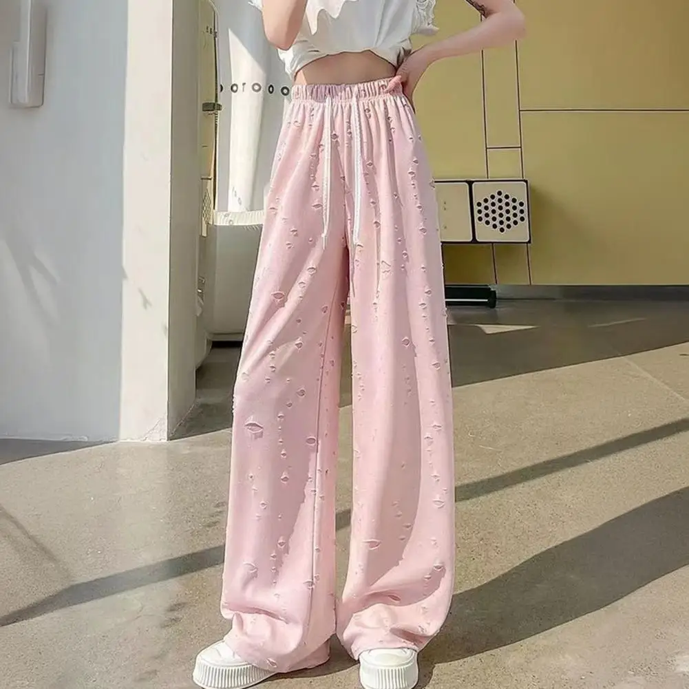 Day Wear Women Pants Women’s High Waist Wide Leg Pants Adjustable Drawstring Trousers Elastic Waist Loose Fit Distressed Holes