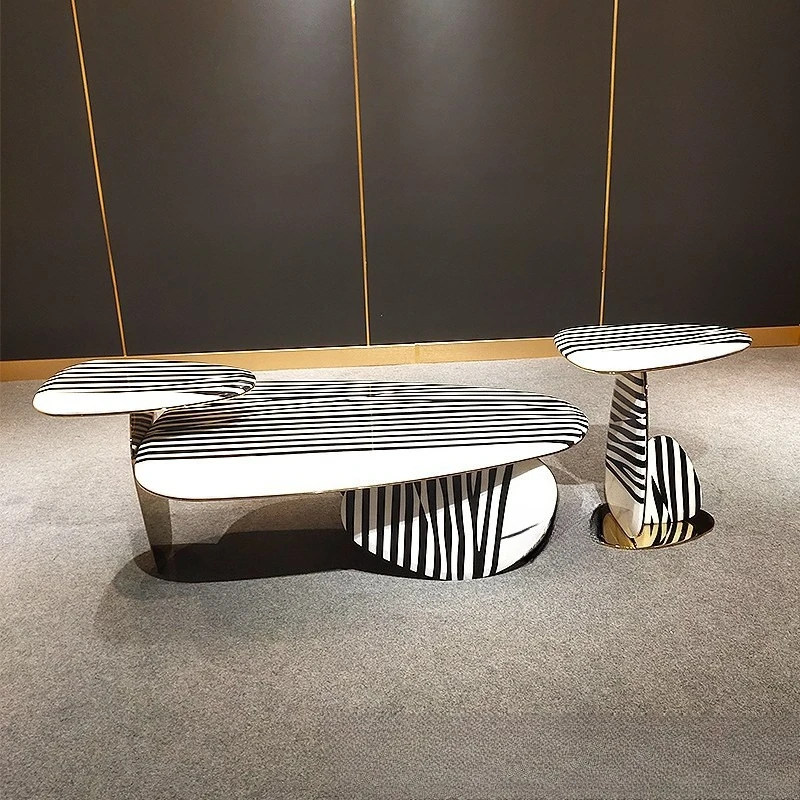 

Stainless steel high and low zebra tea table designer living room small apartment marble coffee table