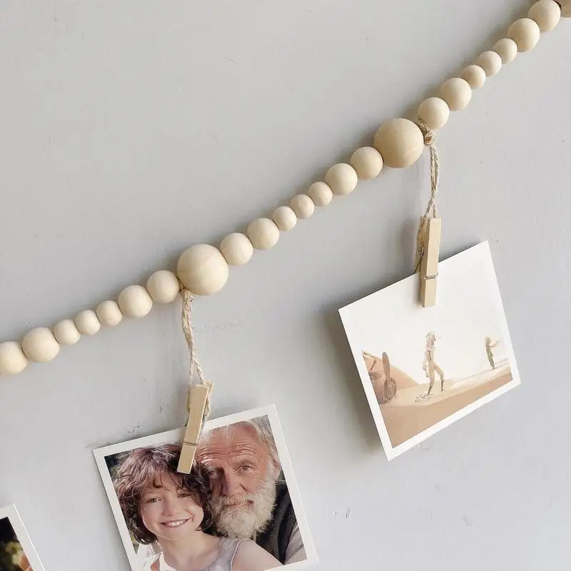 Wall Mounted Photo Display Decoration DIY Wooden Bead Hanging Pictures Frame Holder Photo Clips String Collage Home Decoration