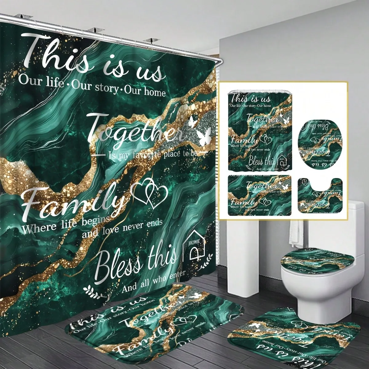 [Luxury Marble Bathroom Set] 4pcs Family Shower Curtain Set, Luxury Marble Bathroom Sets Full Set, Golden Green Shower Curtain with, Includes 12 Hooks, Toilet Lid Cover, Non-Slip U-Shaped, Decorative Bath Curtain for Home
