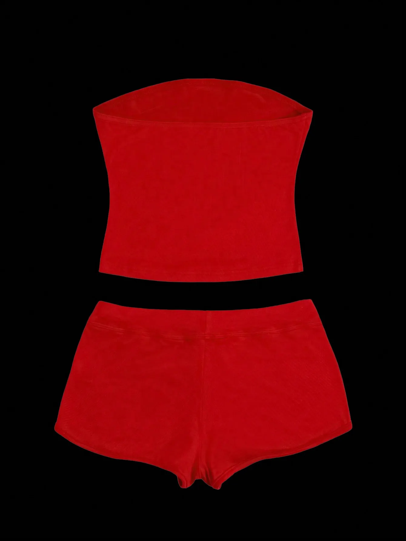 2pcs 레드 Y2K 백리스 튜브 탑 & 반바지 세트, 화이트 히비스커스 프린트, 비치 스타일 여름 의상