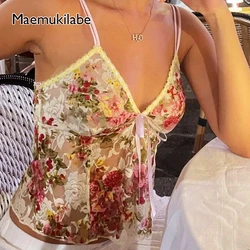 Maemukilabe Fairy Coquette Mesh Sheer Camisole Floral Print Tie Up V Neck Crop Tops Kawaii Lace Trim Tank Tops Y2K Holiday Vest