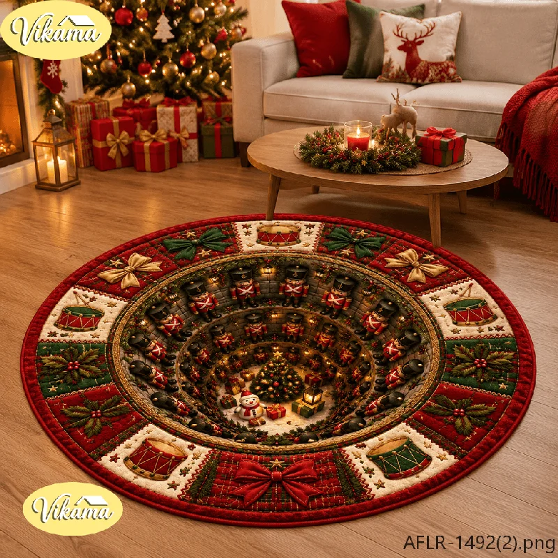 VIKAMA 3D Nutcracker Round Rug Flannel Non Slip Circular Carpet Soldier Drum Tree Pattern Living Room Bedroom Floor Mat Xmas