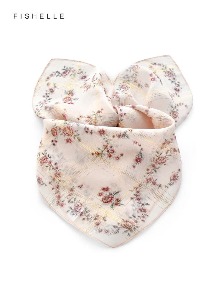 Nude Pink flowers golden yarn chiffon 100% silk scarf women scarves thin wrap handkerchief shawl female hijab headband