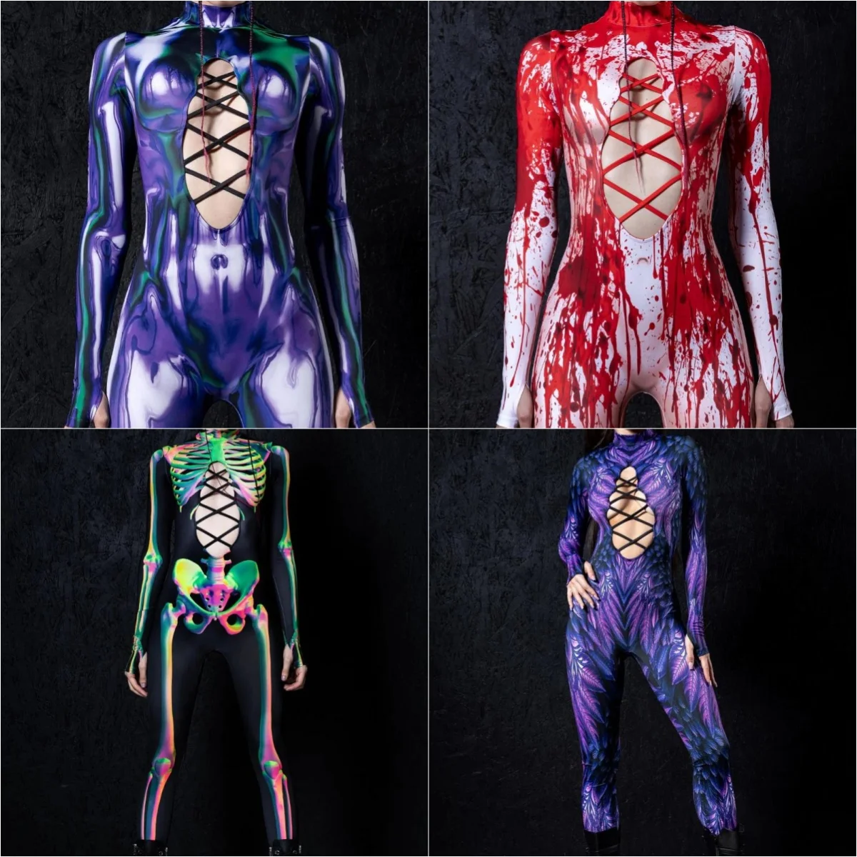 

Women Halloween Cosplay Scary Skeleton 3D Digital Printing Spandex Halloween Costume Jumpsuits Bodysuit Halloween Costume Female
