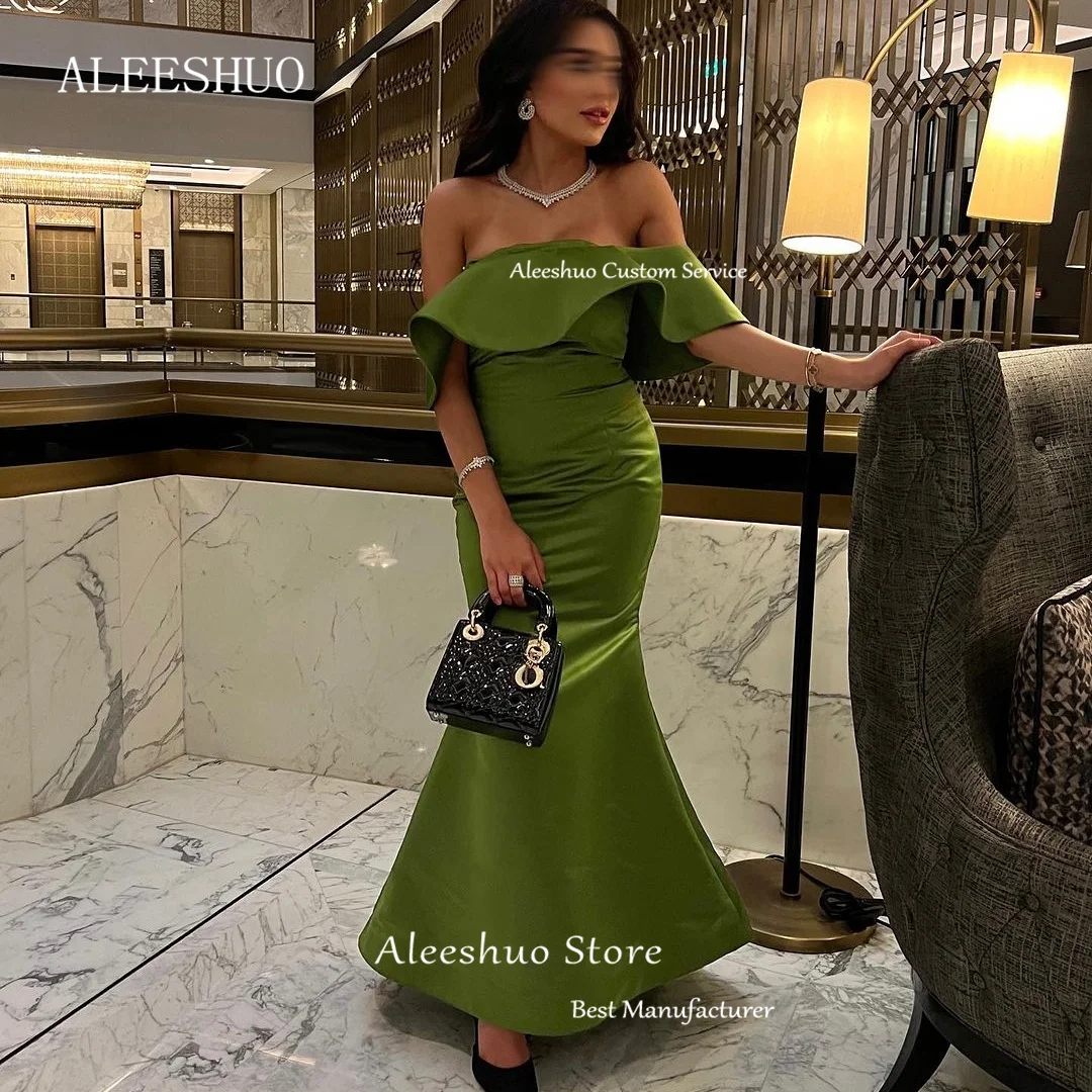 Aleeshuo Saudi Arabia Prom Dresses Off the Shoulder Mermaid Party Dress Short Sleeve Ankle Length Formal Evening Gowns فساتين ال