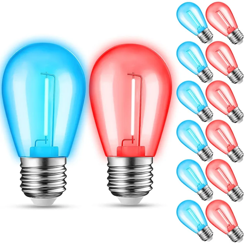 

12-Pack Blue Red String Light Bulbs, Patio String Light Replacement Bulbs for Outdoor Indoor, 1W E26 Base S14 LED Bulbs for Chri