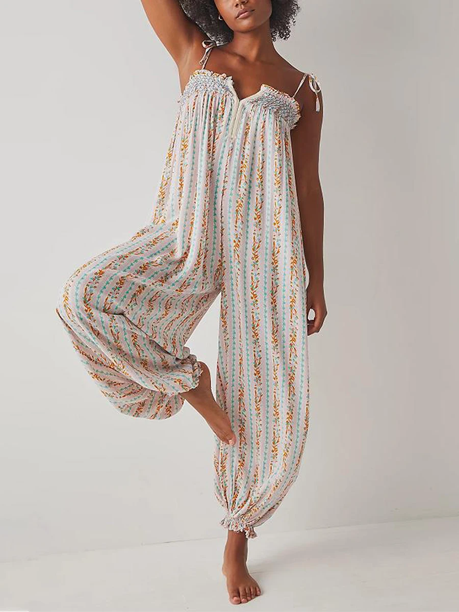 

Women Summer Cami Jumpsuits Retro Floral Print Tie-Up Spaghetti Strap Sleeveless Long Rompers Fashion Loose Playsuits