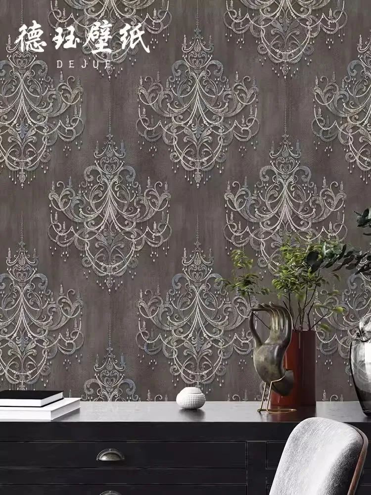 

European Luxury Damascus Wallpaper High Grade Retro Dark Grey Living Room Bedroom Background Wall Wallpaper 2024 New