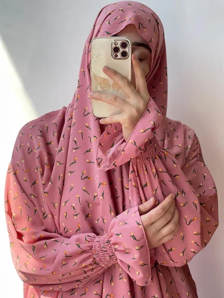 Prayer Abayas for Women Printed Hijab Dress Muslim Abaya with Integrated Veil Islamic Niqab One Piece Ramadan Outfit Dubai Burqa