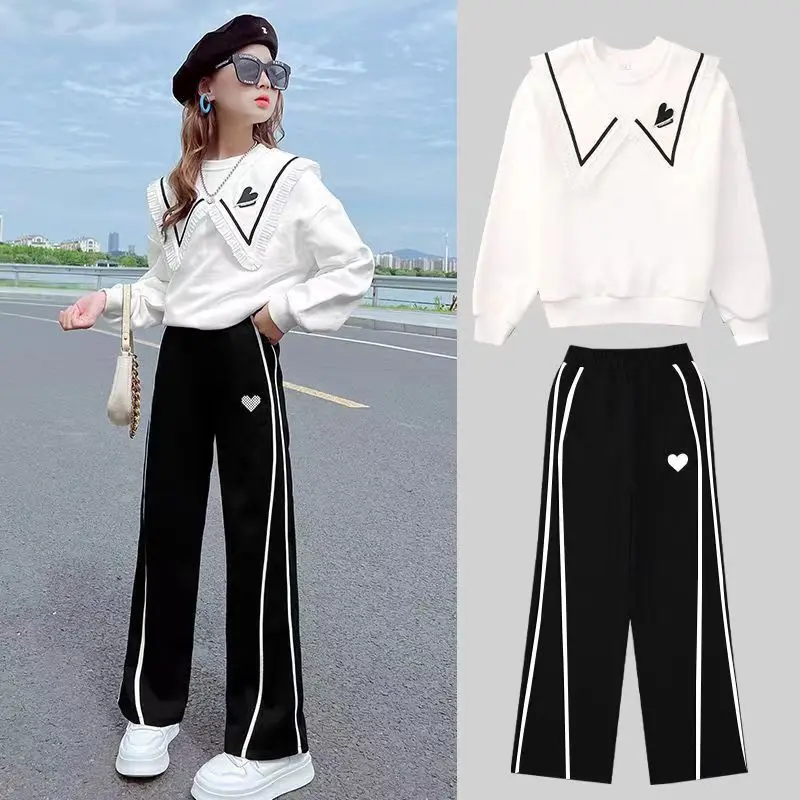 New Fashion Girls Clothing Sets Autumn Kids Long Sleeve T-shirts + Wide Leg Pants 2PCS Children\'s Clothes Teenage 6 8 10 12 15 Y