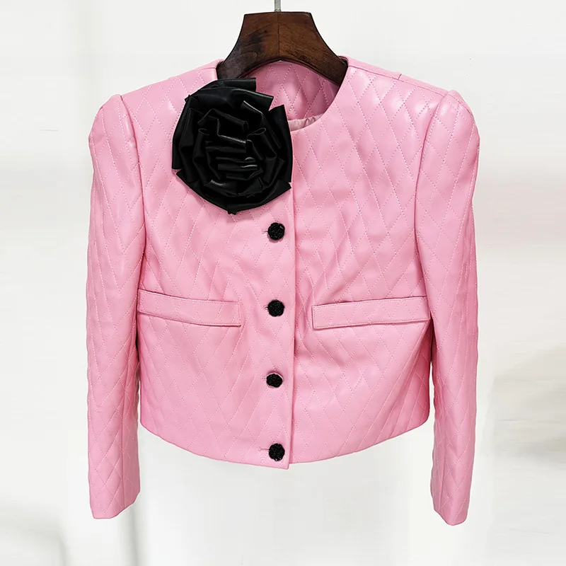 Pink Women Suit Skirt Set 2 Pieces Blazer+Prom Dress Summer Full Sleeve Formal Office Work Black 3D Flower Coat Outfit In Stock