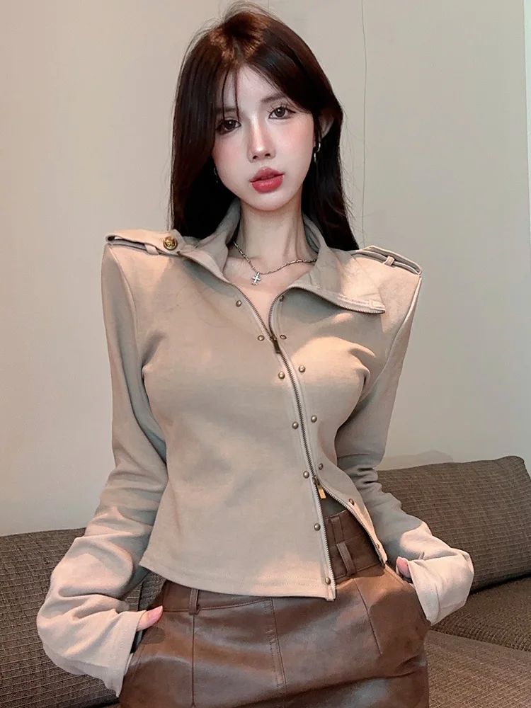 

Sweet And Spicy Short Zipper Asymmetrical Collar Cardigan Women's Design American Retro Street Style Slimming Top