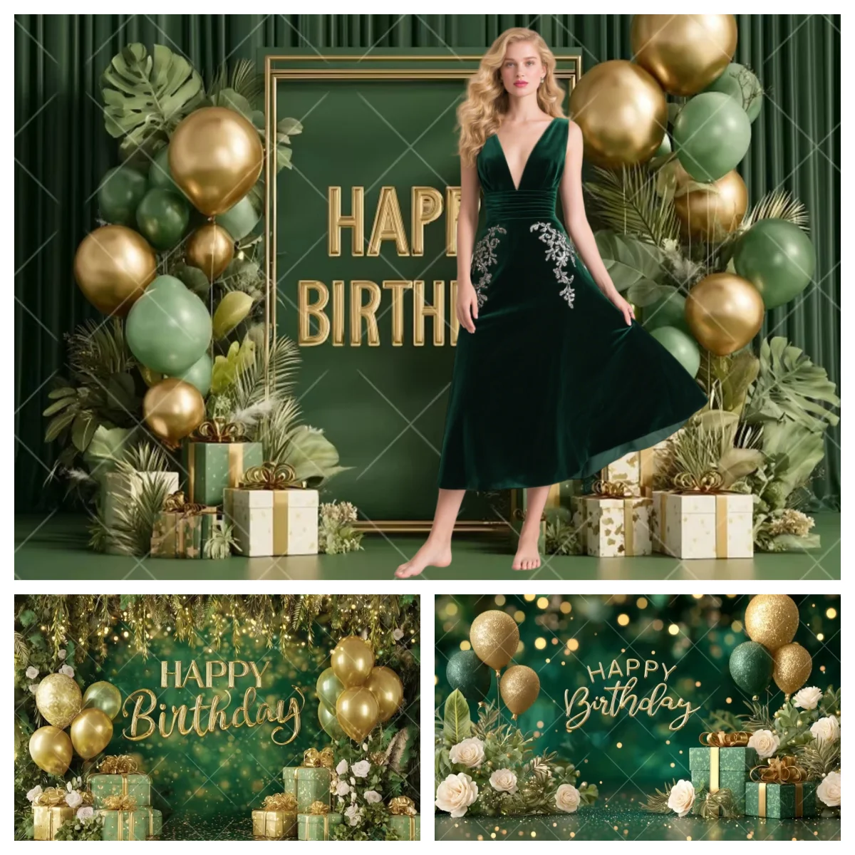 Happy Birthday Party Photography Backdrop Green Flower Wall Balloons Baby Photo Photographic Background for Women Studio Shoots