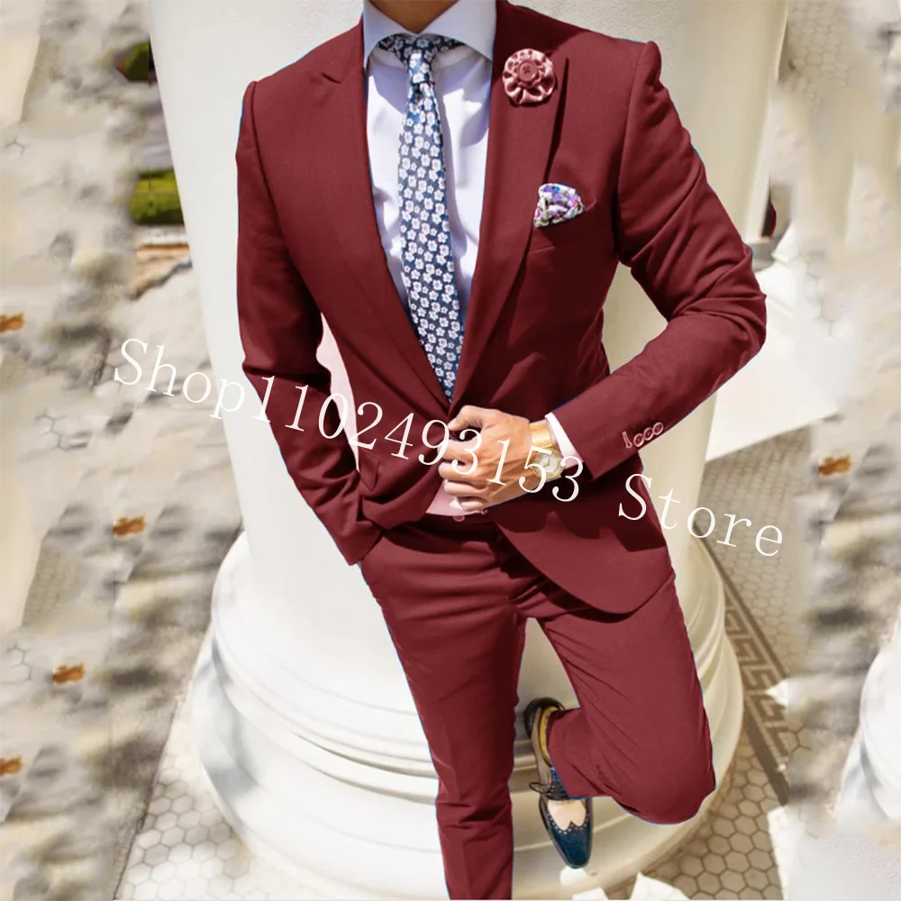 

Burgundy Male Suits For Wedding Slim Fit 2 Pieces Men Suits Blazer Pants Casual Best Men Groom Tuexdos Costume Homme Mariage