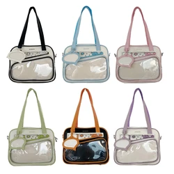 E74B School Girl Cute Transparent Bag Clear Crossbody Bag PU Leather Itabag Anime Pin Display Colorblock Handbag Book Bag