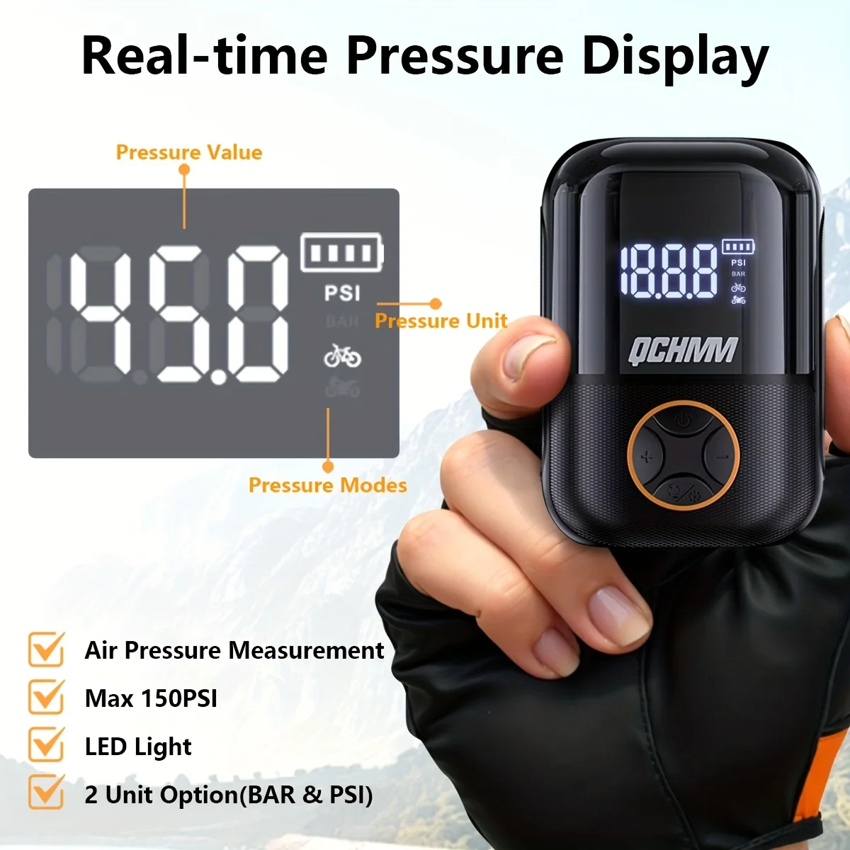 

Bicycle vertical pump, 150 PSI high-pressure design, USB charging, portable tyre inflator with digital pressure gauge