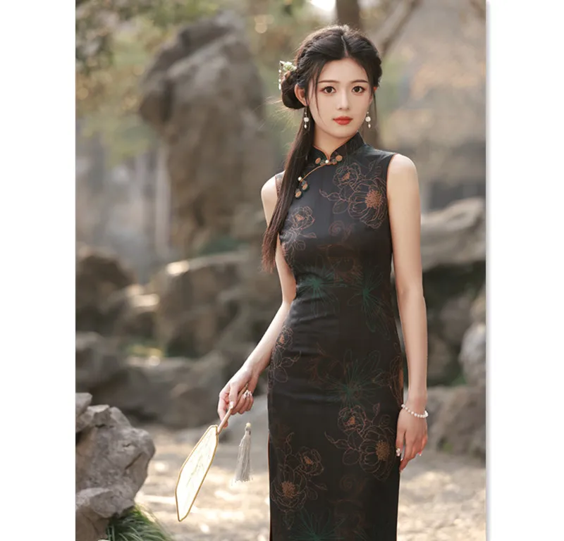Fashion Improvement Young Girl Long Cheongsam Qi Pao Summer New Sleeveless Daily