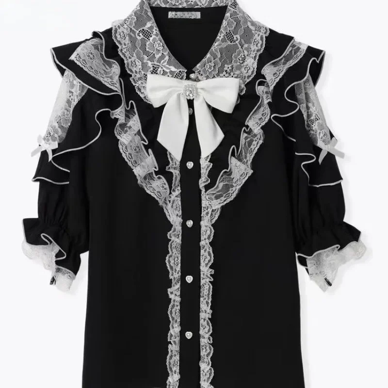 Camicie con fiocco stile Lolita gotico giapponese Donna Dolce Y2k Camicette a maniche corte con volant in pizzo Top Estate femminile Vintage Punk Blusas