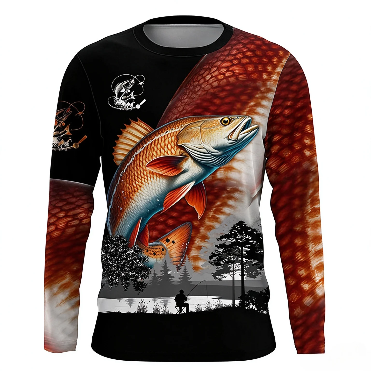 Men's Eye-Catching Red Drum Fish Long-Sleeve T-Shirt—Soft, Breathable, and Casual; Perfect for Gatherings and Relaxed Outings.