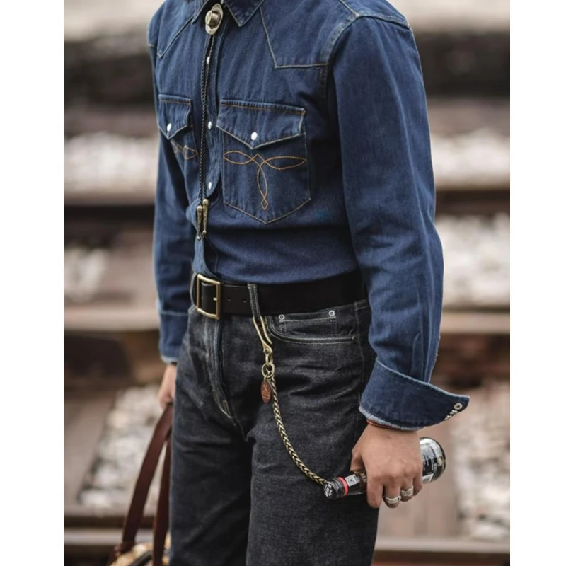 Heavyweight Classic Mens Cargo Denim Shirt Cotton Wear-resistant Washed Cowboy Cardigan Pockets Single Breasted Tooling Tops