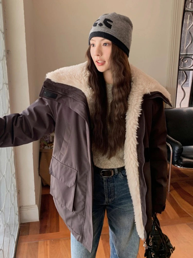 Vielleicht 2025 Army Green Lamb Wool Liner Cotton Padded Winter Jacket Women's Clothes Fashion Korean Style Puffer Jacket Coat