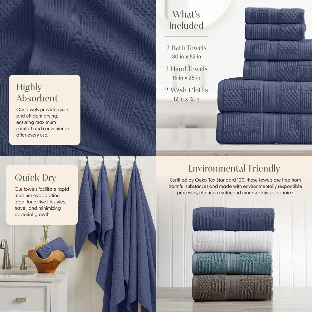 

6-Piece Blue Cotton Bath Towel Set - Geometric Textured, Absorbent, Quick-Dry, Oeko-TEX Certified, Myla Indigo Collection