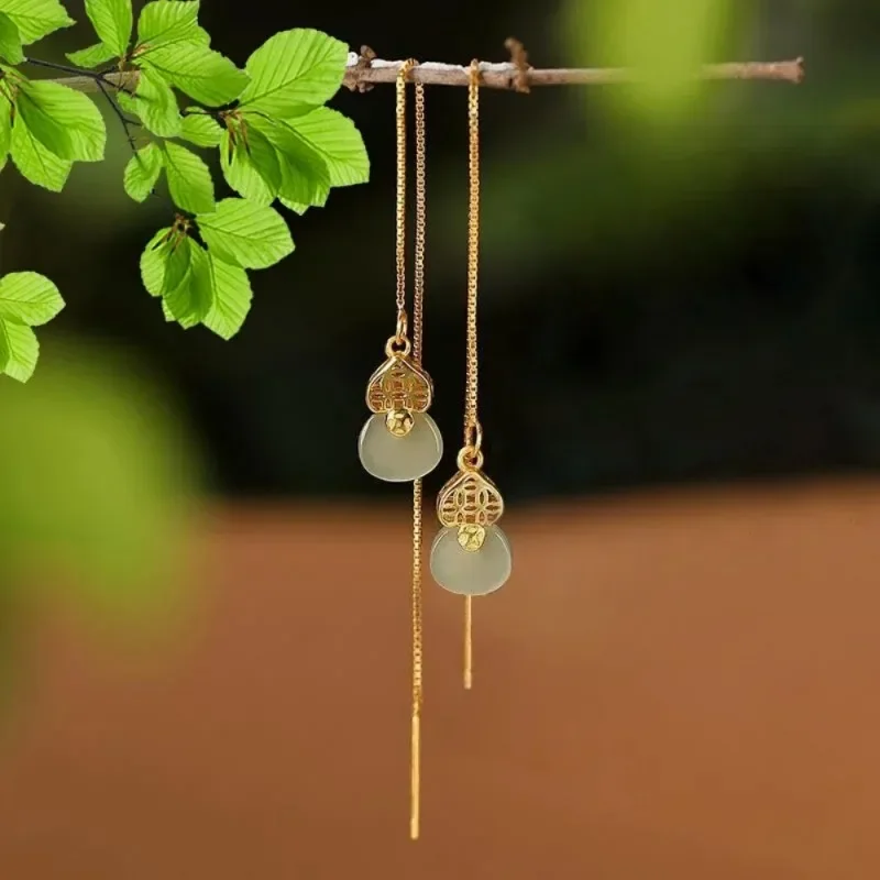 

Chinese Style Vintage 925 Silver Gilding Hotan Jade Gourd Silk Bag Long Tassel Earrings for Women Party Hanfu Cheongsam Jewelry