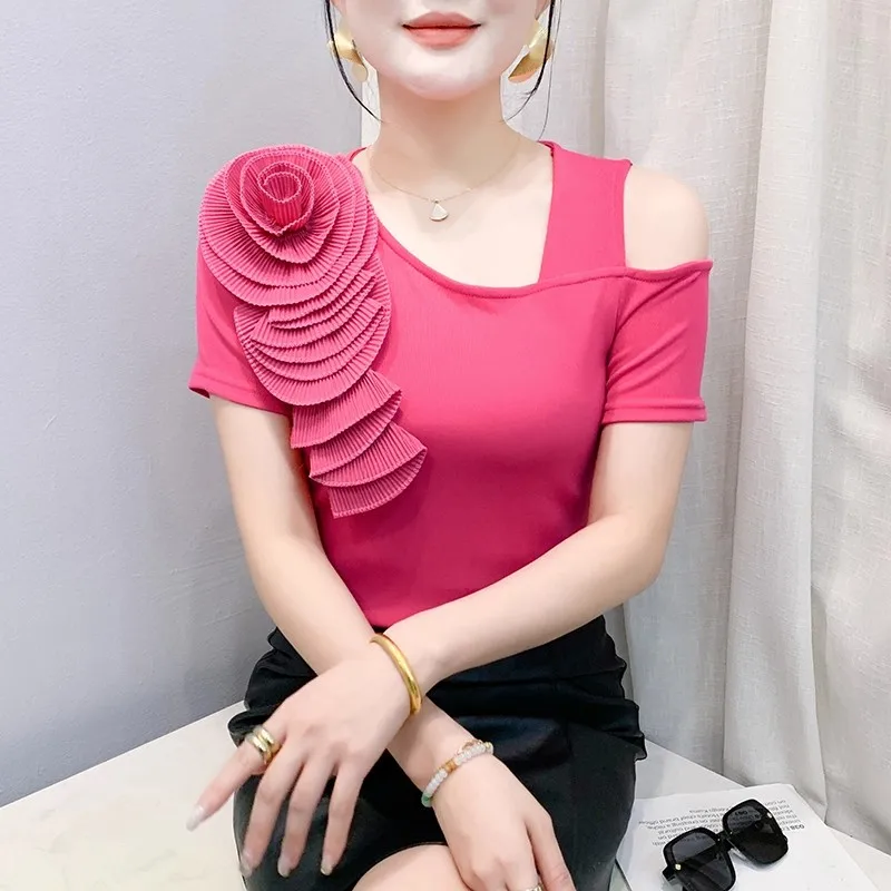 

Summer Fashion 3D Flowers Decor Short Sleeve Tshirt For Women's Solid Color Tops One Off Shoulder Casual T-shirt Tees