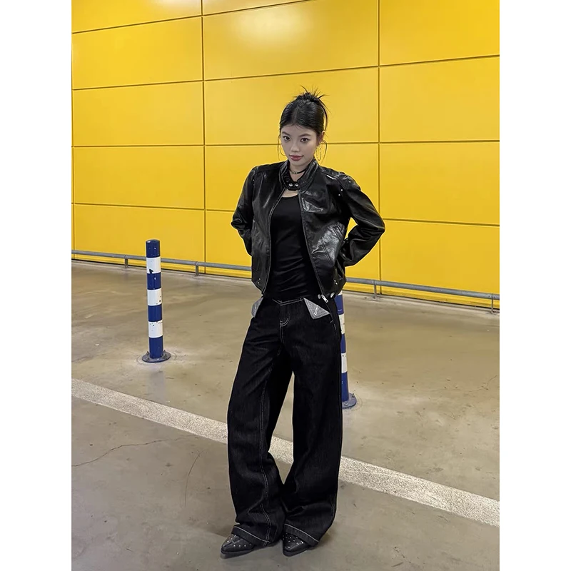 ZHIZOU Women's Baggy Black Jeans Denim Pants American Retro Y2K 2000s Harajuku Cowboy High Street Grunge Streetwear Korean Jeans