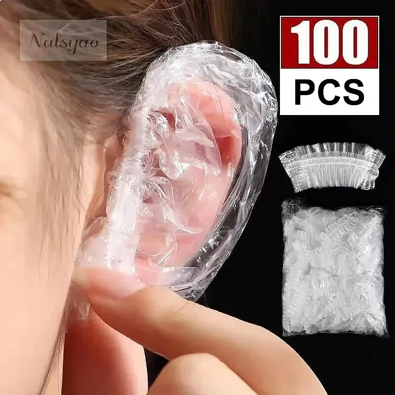 Transparent Elastic Shower Hair Color Protection Shield Waterproof Earpack Plastic Wrap 100PCS Disposable Hair Earmuff