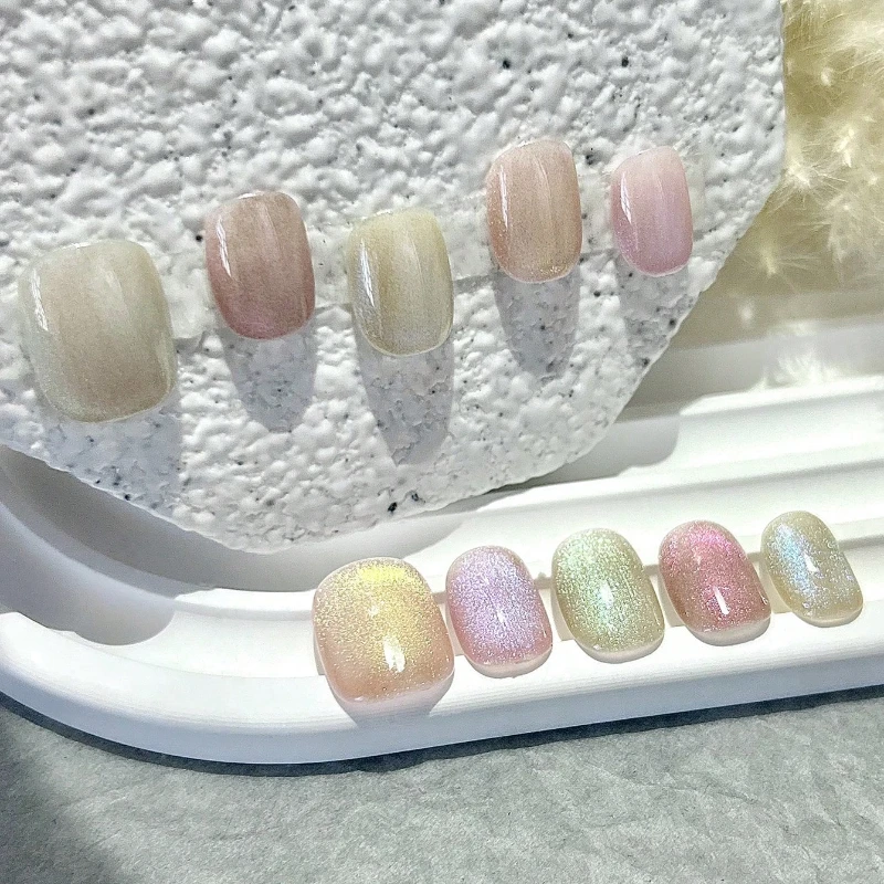 10 조각 여름 패션 손톱에 수제 프레스 무지개 거품 다채로운 고양이 눈 유리 구슬 아트 가짜 손톱 이동식 재사용 가능
