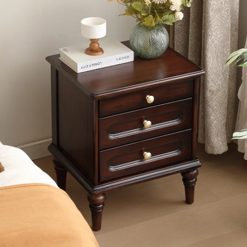 Solid wood bedside table Household bedroom American antique three drawers Bedside side cabinet Locker Small storage cabinet