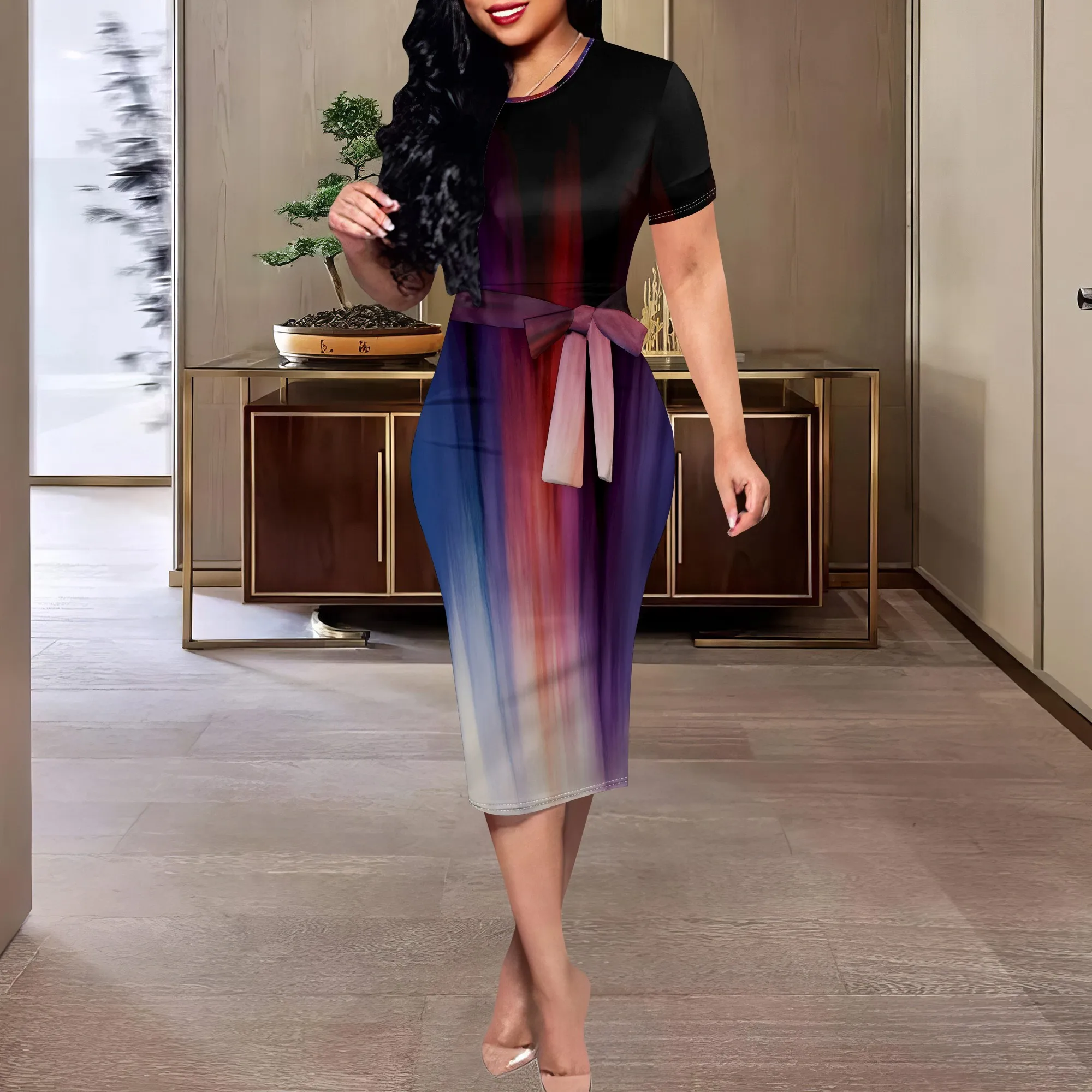 

Gradient Ombre Midi Dress XS-3XL Short Sleeve Belted Style for Evening Out, Gallery Event or Artistic Fall Look